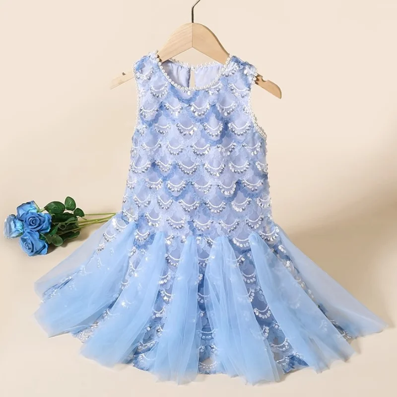 

Summer Girls New Sequin Mesh Pearl Sleeveless Dress for Children's Day School Stage Drama Fashion Cute Performance Dress