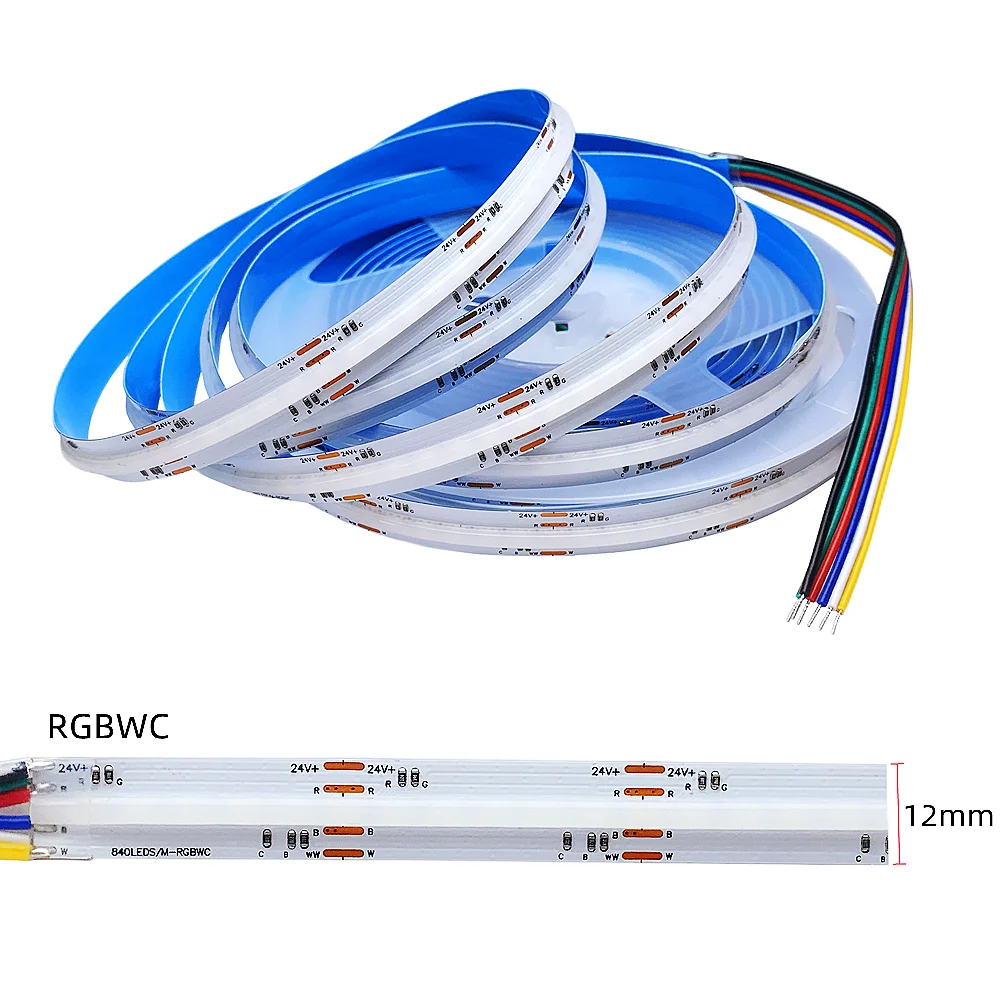 5in1 RGB+CCT FCOB RGB CCT COB LED Strip Light 24V 5m 840Leds/m 6Pin RGBCW High Density FOB Flexible Backlight Lamp Home Decor