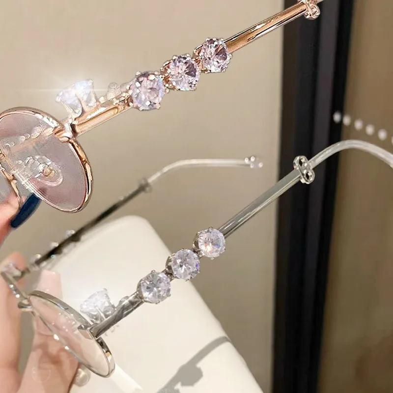 Women's Punk Retro Silver Anti Blue Light Eyewear Rhinestone Stainless Steel Oval Frame Glasses Girl Reading Seaside Spectacles