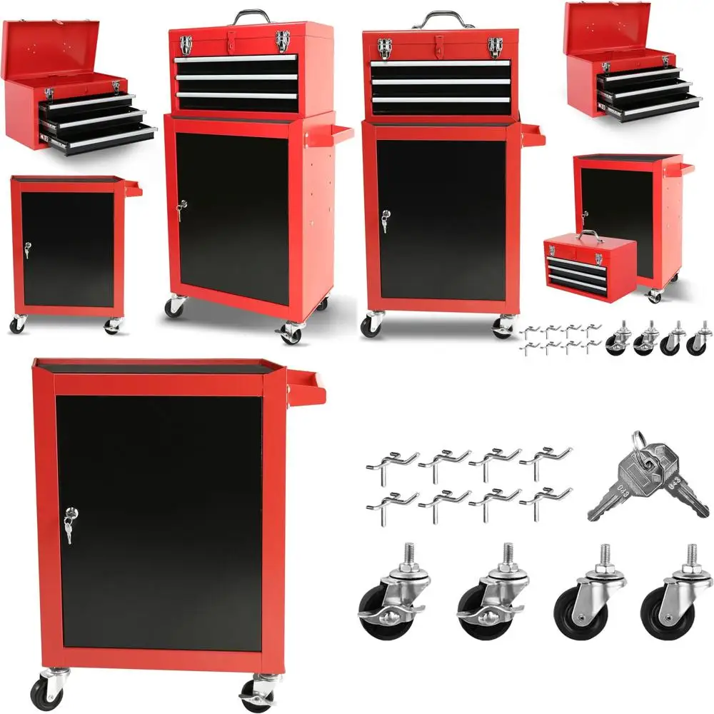 

Портативный комод для инструментов с 3 ящиками и запирающейся верхней коробкой и регулируемым шкафом для хранения для использования в гараже