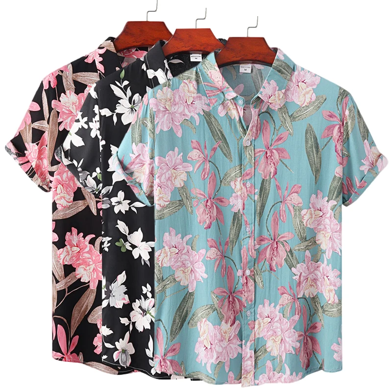 New Men's Summer Flower Short Sleeve Hawaiian Beach Male Shirts For Men Casual Blouse Dress Slim Fit Rockabilly Social Harajuku