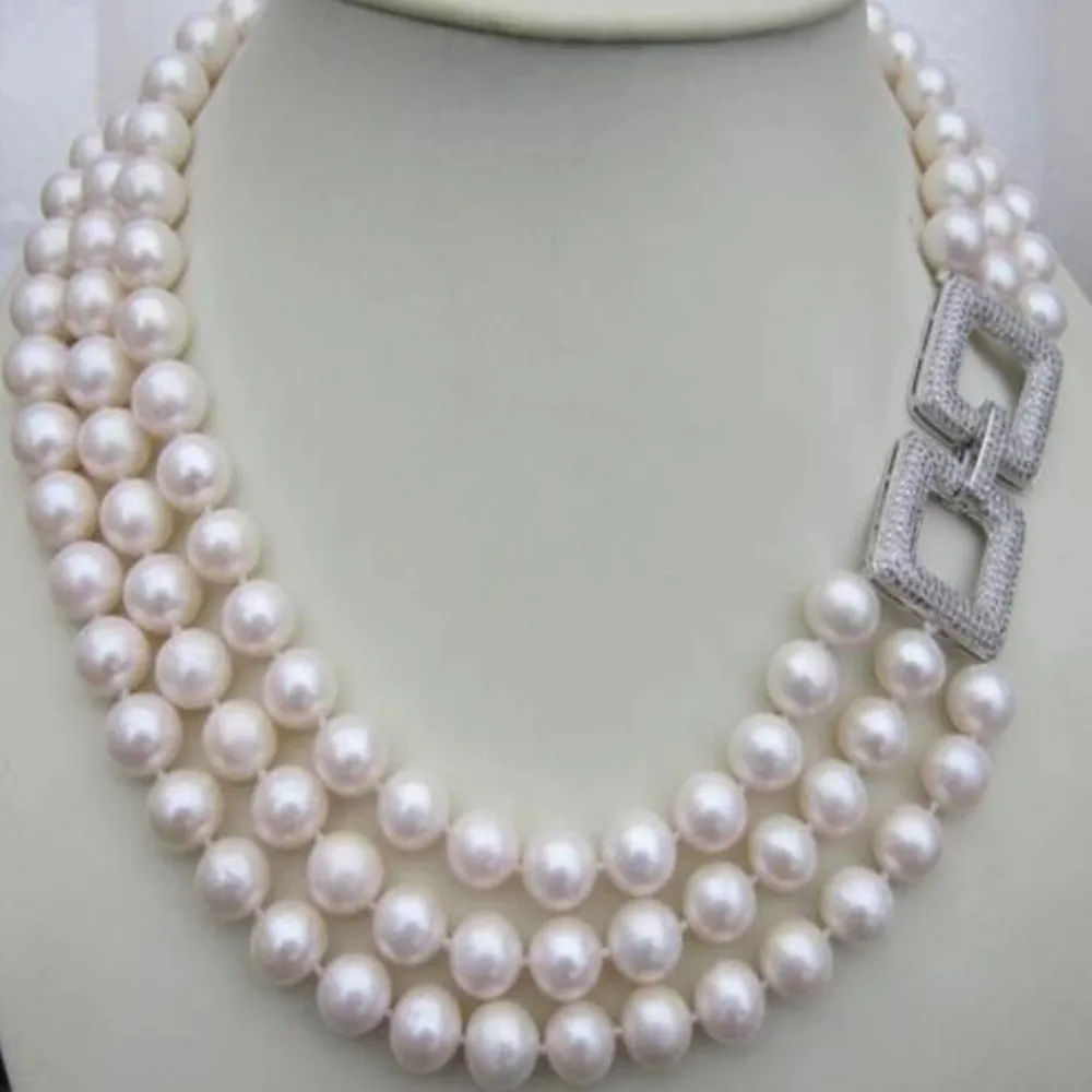 

Hand knotted 3 rows necklace natural 9-8mm white freshwater pearl nearly round pearl micro inlaid zircon accessory 17-19inch