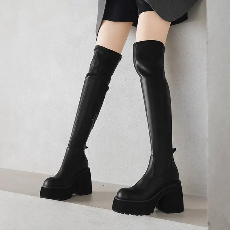 كرازينغ وعاء البقرة انقسام الجلد سميكة عالية الكعب جولة تو تمتد أحذية طويلة أنيقة الحديثة منصة Ins مرونة فوق الركبة الأحذية #4