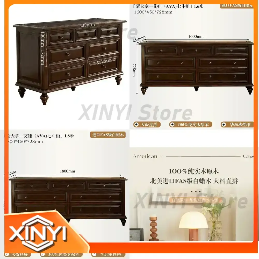 Seven-Drawer All Solid Wood Chest Cabinet for Living Room Wall Storage Rustic Pastoral Retro Bedroom Chest for TQH