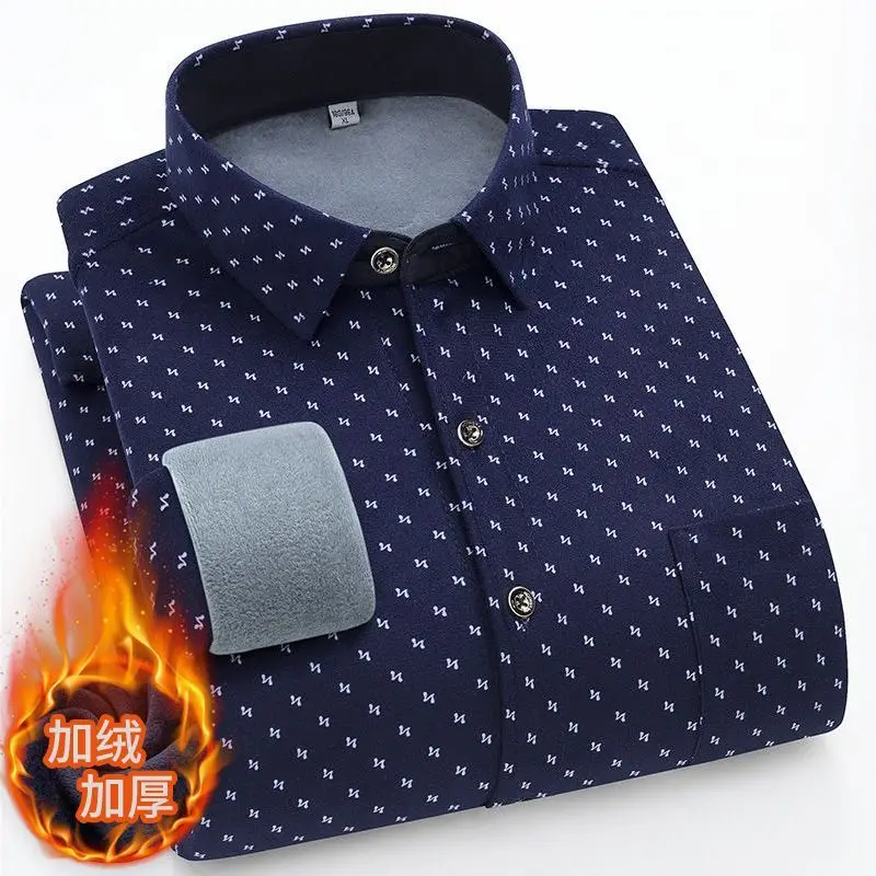 Men Winter Fleece Lined Warm Shirt All Over Print Long Sleeve Casual Thick Shirt For Middle Aged Elderly Men