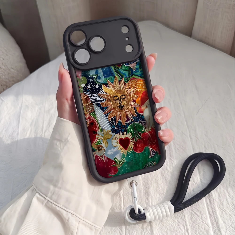 Handyhülle für iPhone 12 13 14 15 16 17 Pro Max 16 15 14 Pro Plus 17E Bohemian Tarot Sun Lanyard Stoßfeste Matte Silikonhülle – Detail 2