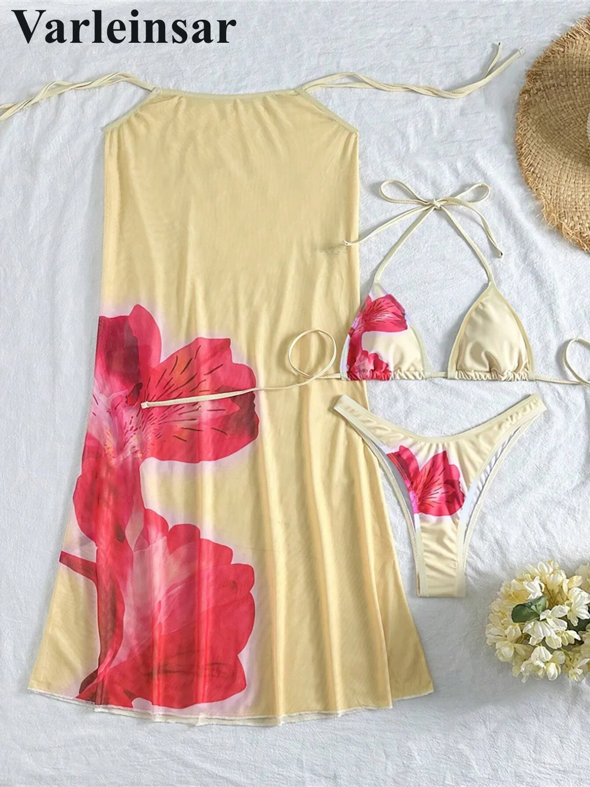 XS - L Mit Cover Up Blumen Neckholder Bikini Weiblichen Badeanzug Frauen Bademode Drei-stück Bikini set Badende Badeanzug schwimmen V6800