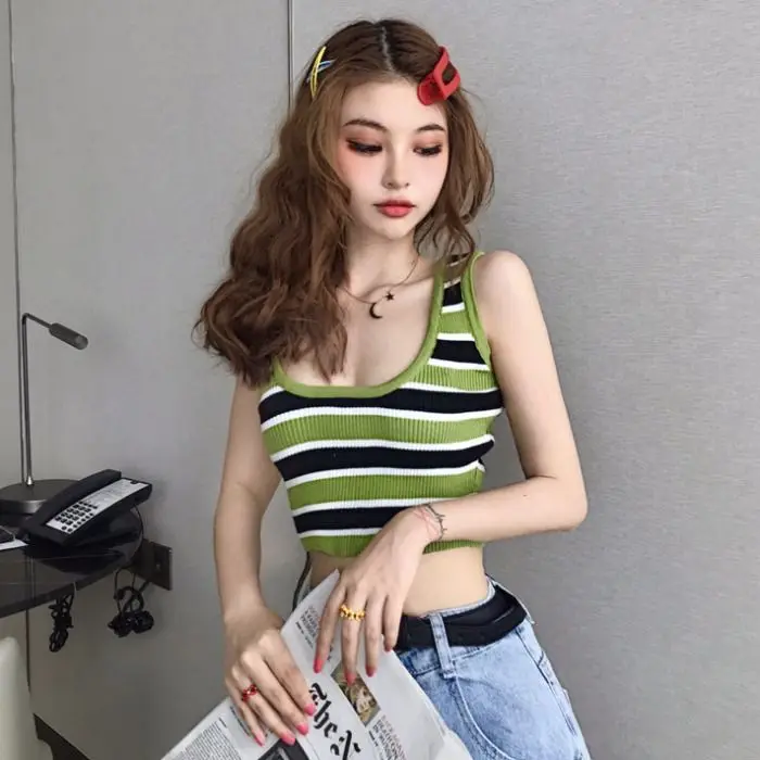 

Summer Front and Back Two Wear Rainbow Stripe Knitting Machine Suspender Women's Sleeveless Short Crop Top
