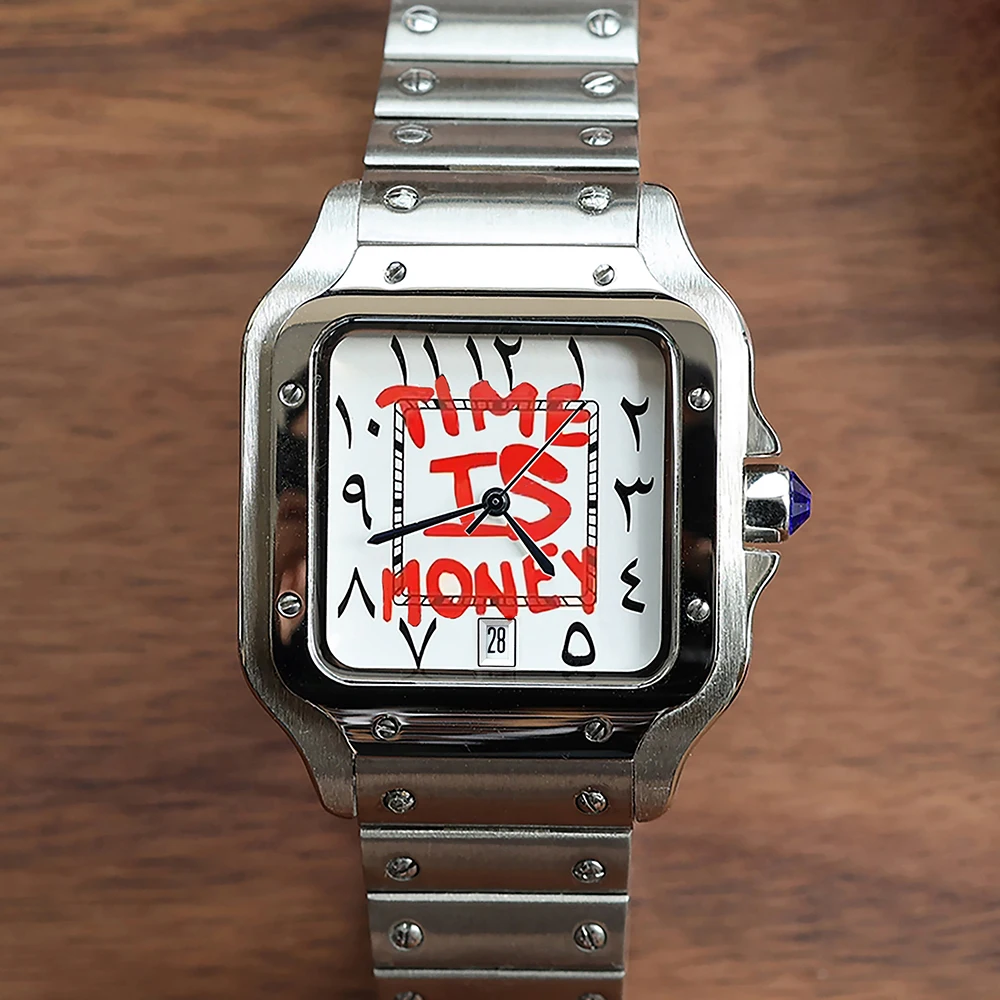 38 مللي متر سانتوس ساعة NH35 العربية ساعة مزدوجة ساعة رجالي شعار مخصص ساعة مربعة للرجال ساعة من الفولاذ المقاوم للصدأ حركة NH35