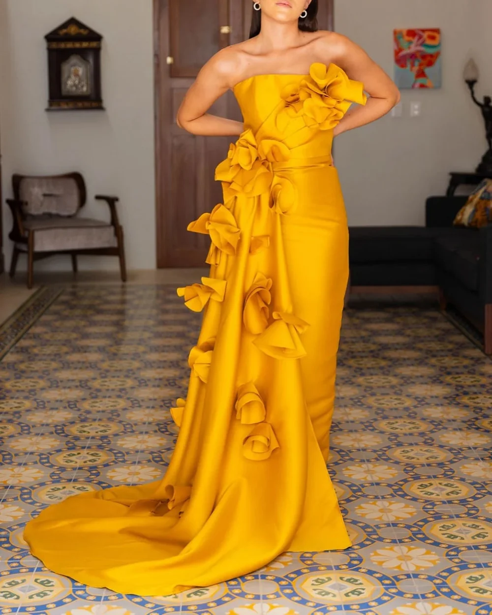 

Customized Matching Intricate Handmade Flower Pleat Straight Strapless Long Dresses Bespoke Occasion Dresses Exquisite Classic