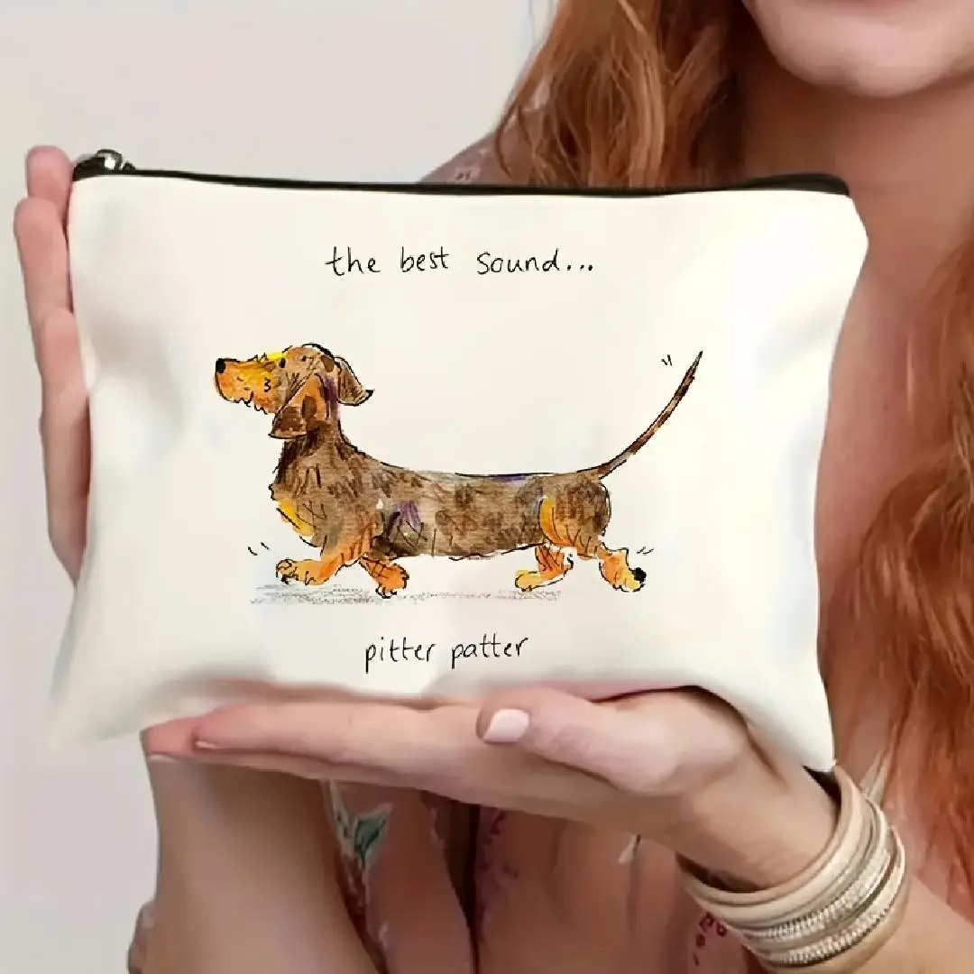 Un sac à cosmétiques à motifs de teckel de dessin animé-sac de maquillage portable multifonctionnel de grande capacité, pochette de voyage parfaite à fermeture éclair