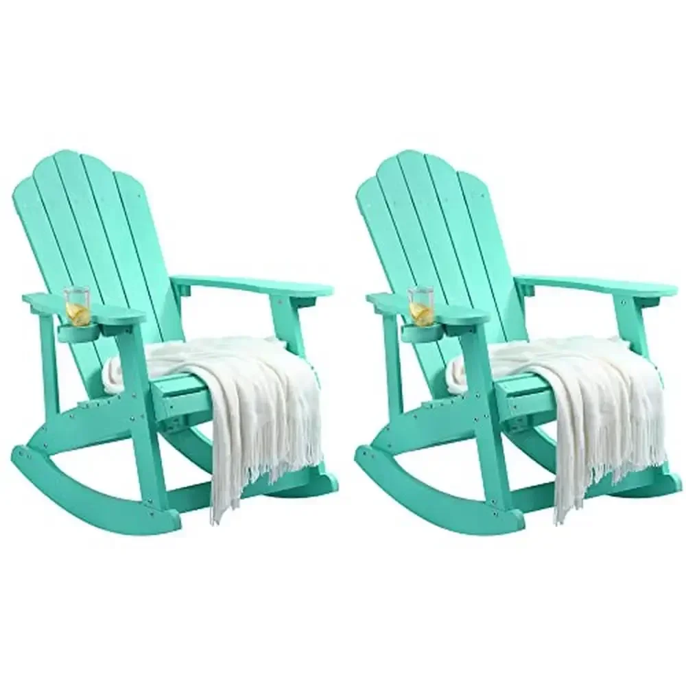 Set of 2 Rotating Cup Holder Adirondack Rocking Chairs Outdoor Living Heavy Duty Weatherproof Rocker Chair Kit Garden Patio Yard