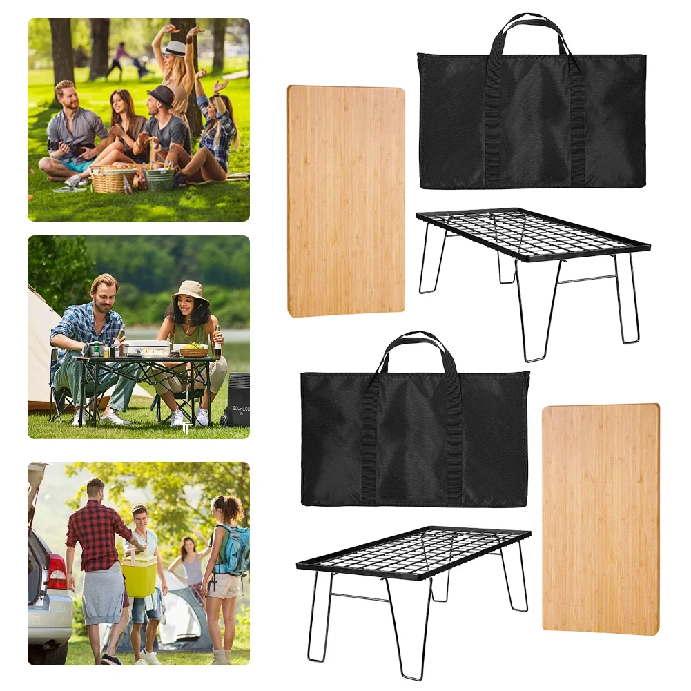 

Folding Iron Net Table with Table Board & Bag Campfire Grill Table Multifunctional Camping Cooking Rack for Outdoor Barbecue