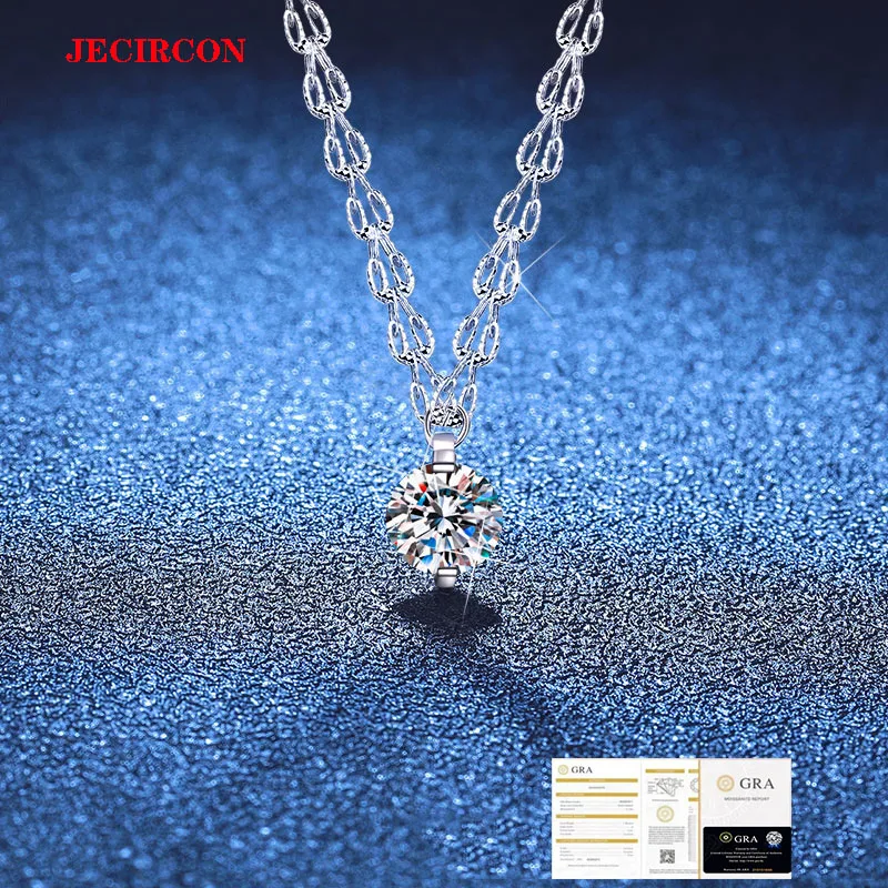 

JECIRCON S925 Sterling Silver Phoenix Tail Necklace for Women Simple 4-claw Single Diamond 2 Carat Moissanite Pendant with GRA