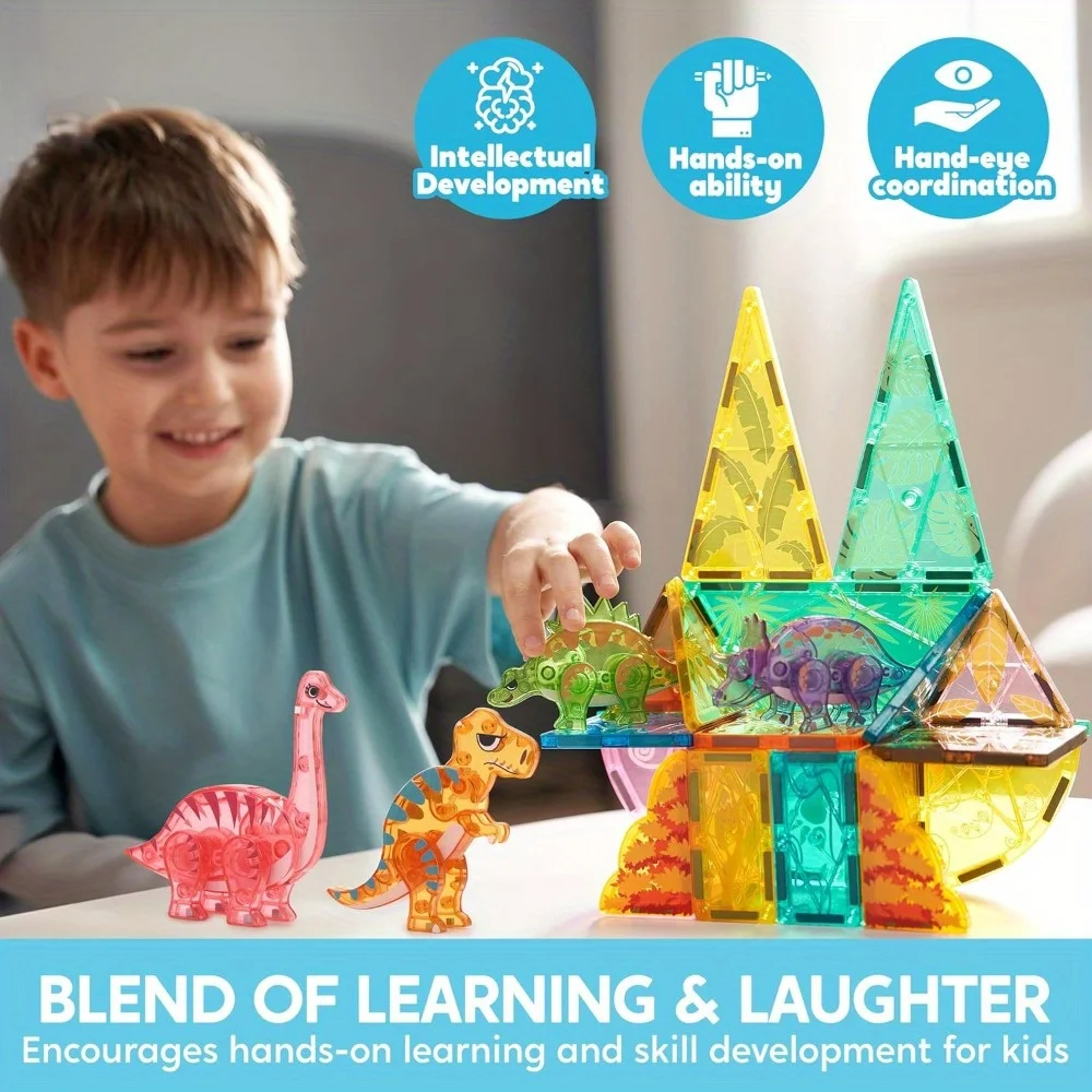 JOYFY 50 قطعة بلاط البناء المغناطيسي ديناصور مجموعة للأطفال عيد الميلاد هدية عيد ميلاد 5 لطيف الديناصورات التعليمية الجذعية لعبة #2