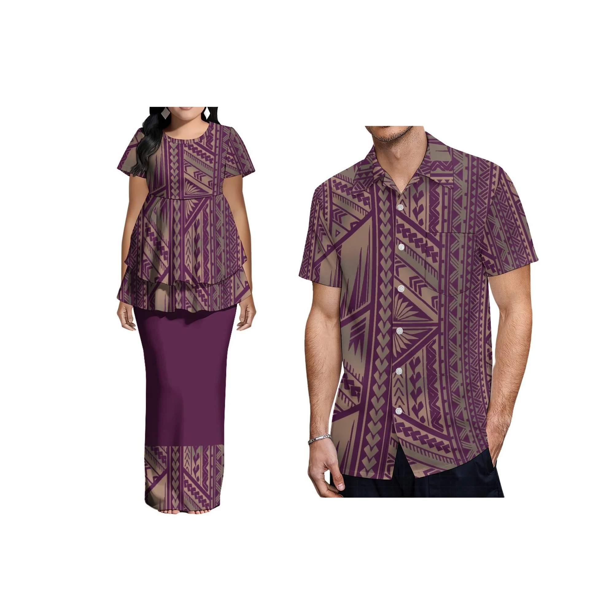 Conjunto Personalizado de Trajes Tribais Polinésios para Casais: Vestido Maxi Puletasi para Gestantes e Camisa Casual de Manga Curta para Homens