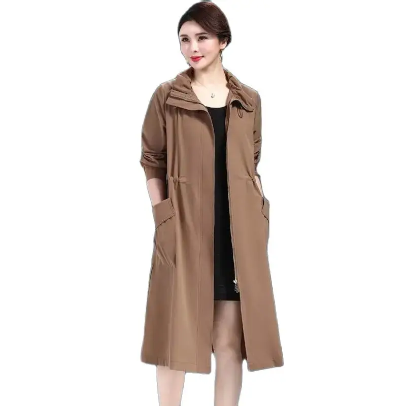 

2022 New Women's Spring Autumn Trench Coat Medium And Long Thin Coat Fashion Zipper Lapel Loose Middle Aged Ladies Outcoat