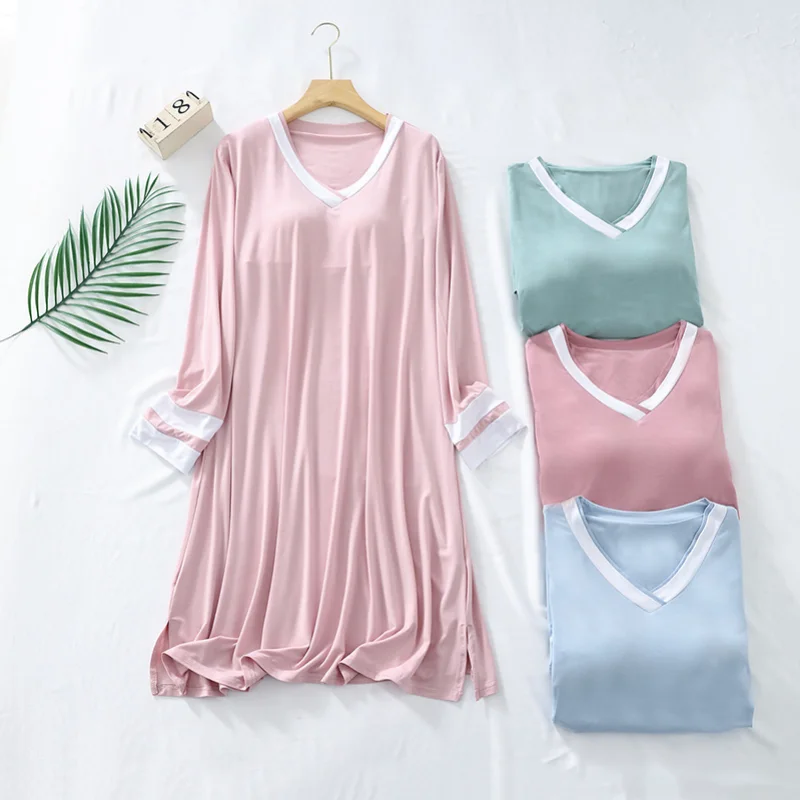 2024 New Women\'s Spring and Summer Sleeping Dress Modal V-neck long-sleeved skirt with breast pad Loose household skirt summer