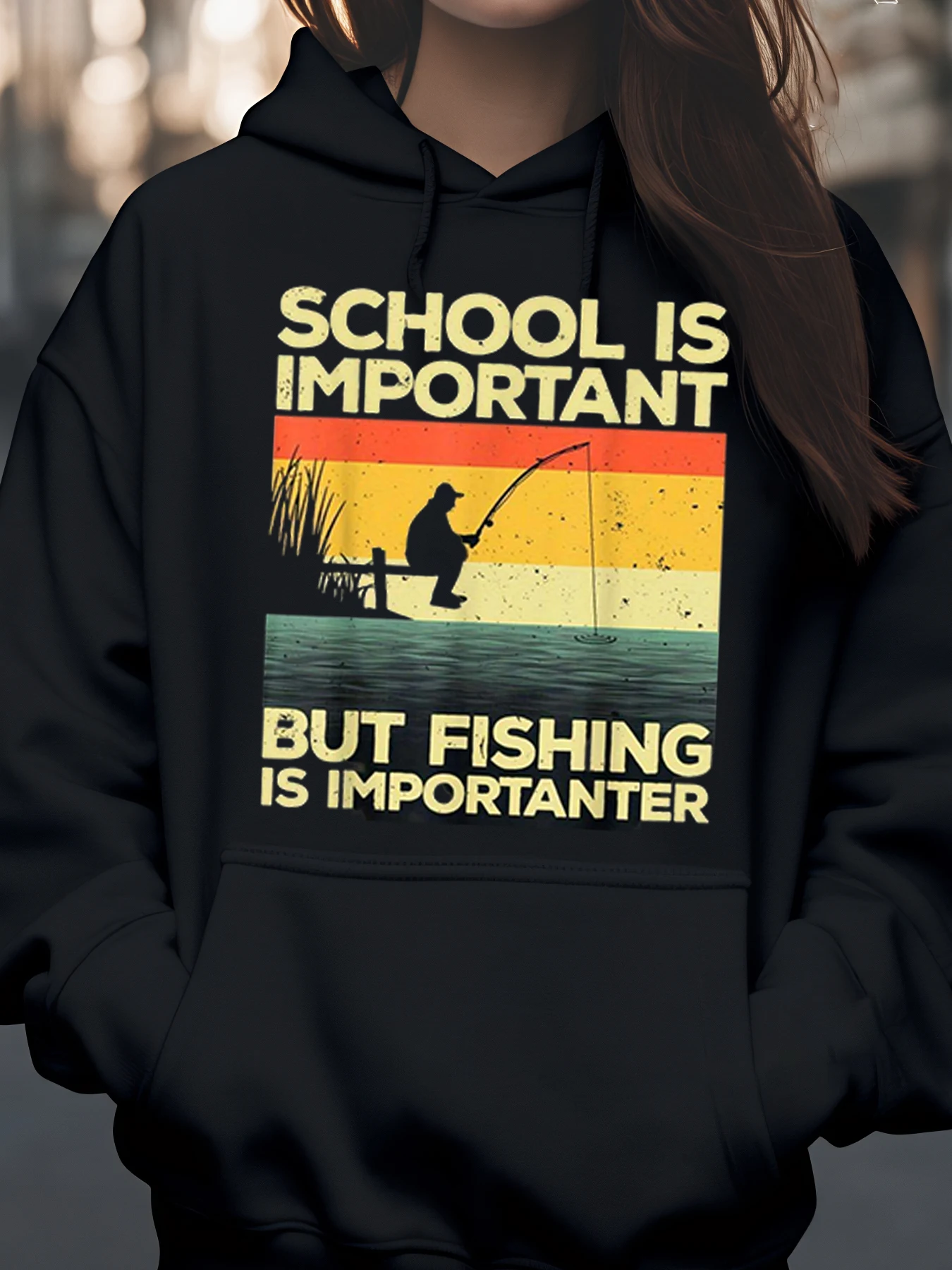 صورة ظلية الصيد المدرسية مهمة ولكن الصيد مهم طباعة هوديي للأنشطة الخارجية للرجال والنساء