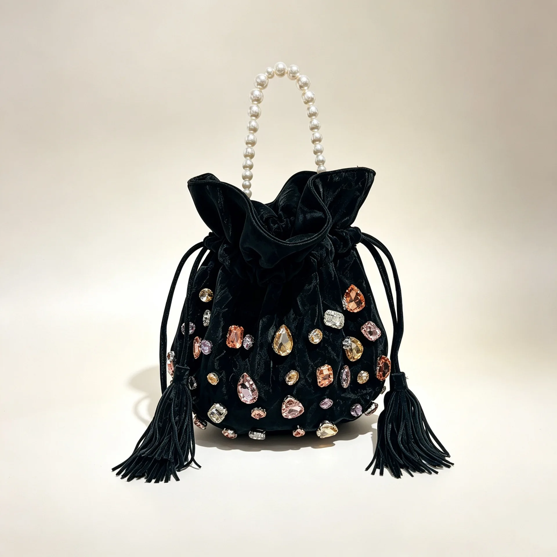 Vintage Velvet Rhinestone Drawstring Bucket Bag Imitation Pearl Top Handle Tassel Decor Evening Wedding Handbag