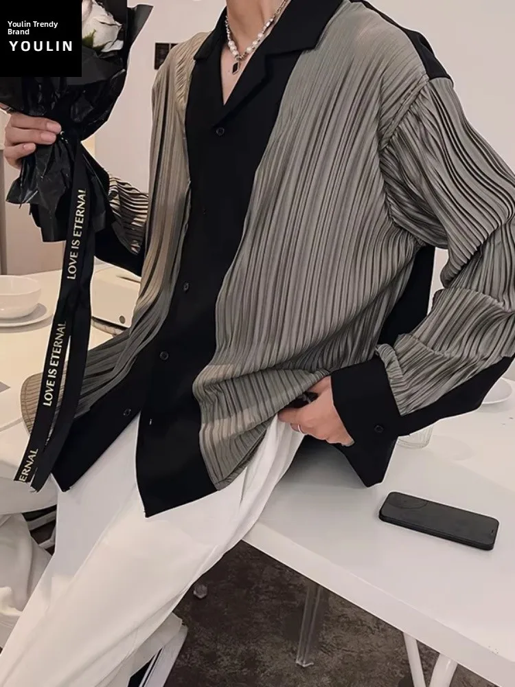 

Cuban Collar Pleated Long Sve Men's irt Spring Autumn Patchwork Briti Sle Haome Outerwear Casual Faion