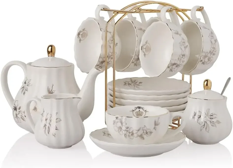 

Porcelain Tea Sets British Royal Series, 8 OZ Cups & Saucer Service for 6, with Teapot Sugar Bowl Cream Pitcher Teaspoons and Te