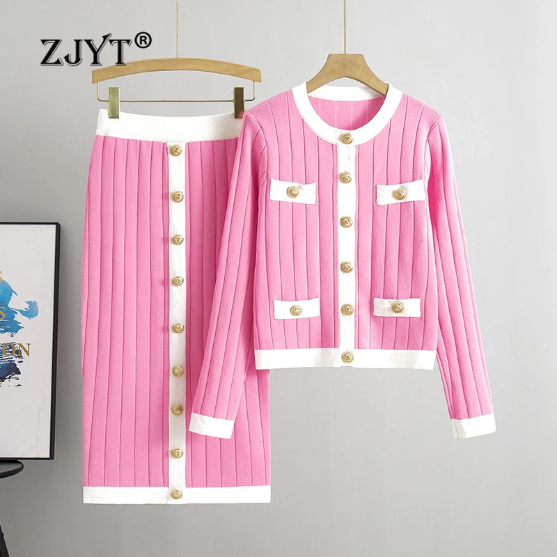 

ZJYT Autumn Winter Knitting Suit Sweater Skirt Set Two Piece Womens Outfit Long Sleeve Color Block Cardigan Top Matching Sets