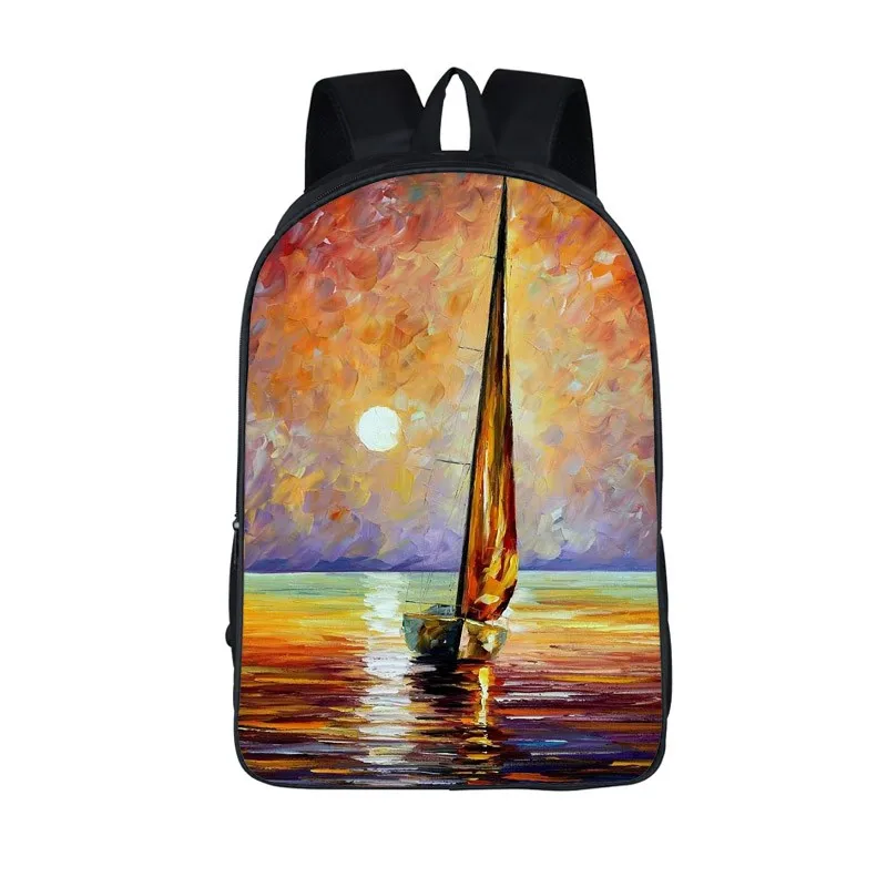 Oil Painting Art Sailboat Printing Young Men Travel Storage Bag Teenagers Boys Girls School Bags Laptop Bag Casual Backpacks