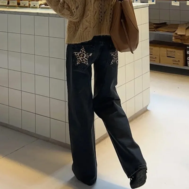 레오파드 스타 청바지 Y2K 여성 새로운 패션 하이 웨스트 지퍼 스트레이트 청바지 여성 캐주얼 streetwear 하라주쿠 힙합 블랙 바지
