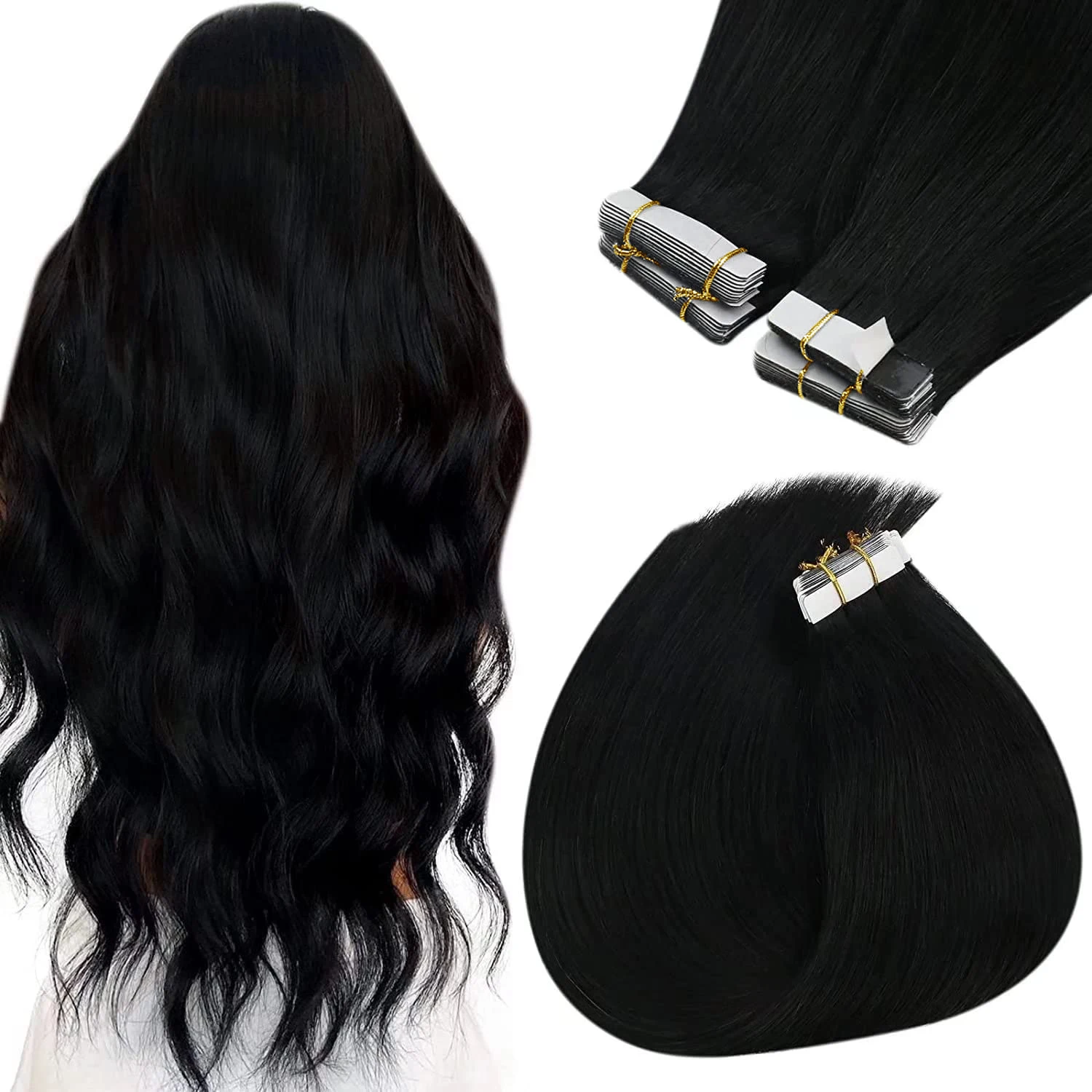 Tape In Human Hair Extensions 16-26 Inch Straight Natural Black #1 100% Remy Skin Weft Adhesive Glue On For Salon High Quality