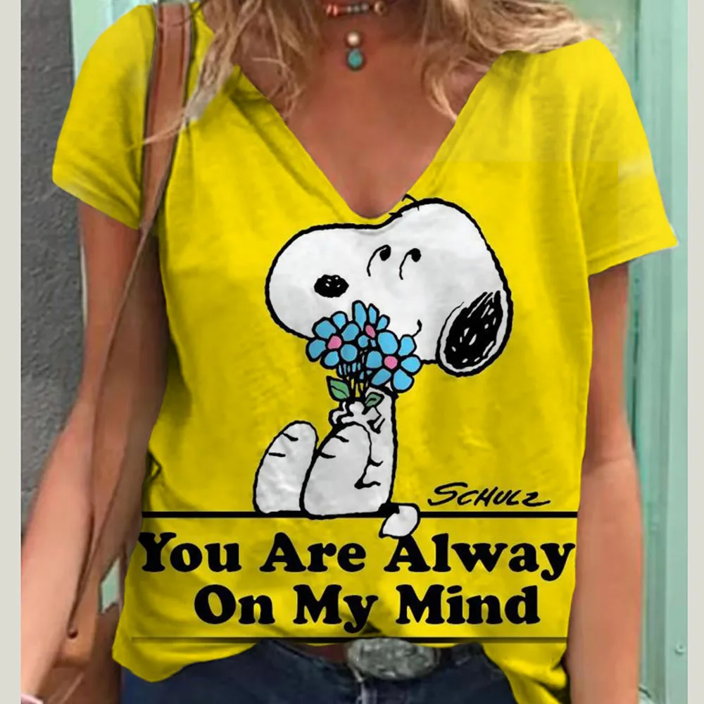 Snoopy 3D Print V-Neck Short Sleeve Tees Women‘S Oversize T-Shirt Fashion T-Shirts For Women Summer Y2k Woman Tops