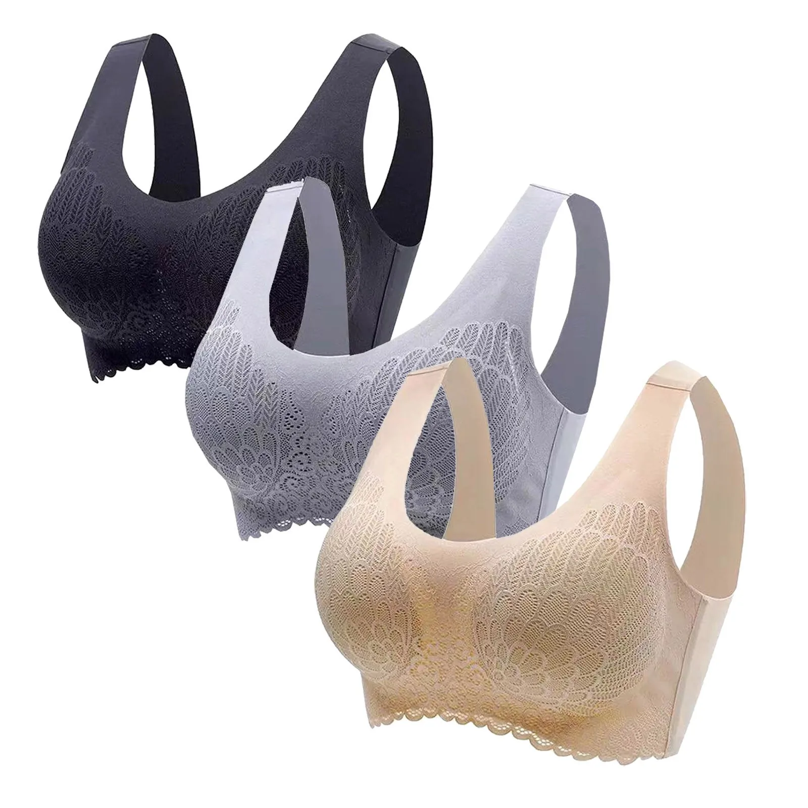 

3PC Women Latex Yoga Bra Stretchy Seamless Floral Lace Wireless Push Up Elastic Bralette Large Size Breathable Sports Underwear