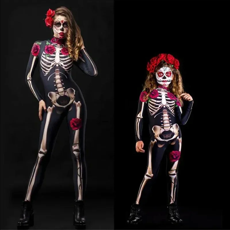 Halloween assustador cosplay para mulheres, esqueleto, rosa, sexy, diabo, vampiro, macacão, festa, carnaval, menina, dia dos mortos