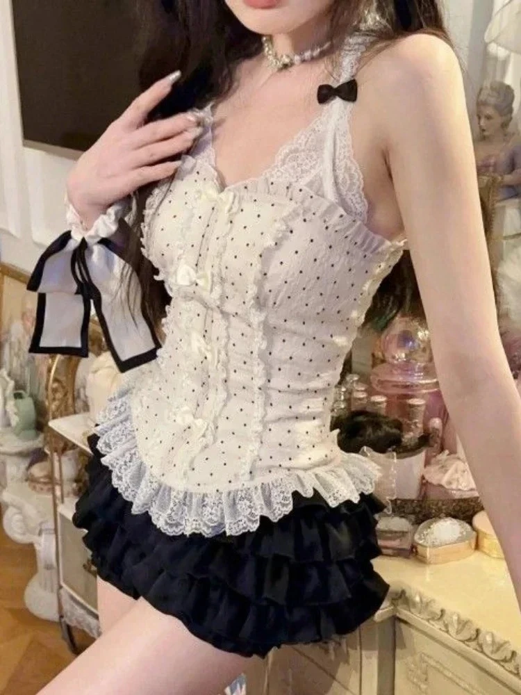 สไตล์ฝรั่งเศสหวานน่ารัก Polka Dot Splicing ชุดลูกไม้เกาหลีแฟชั่นชุดออกแบบใหม่ Slim เอว Lady Y2k Mini Dress