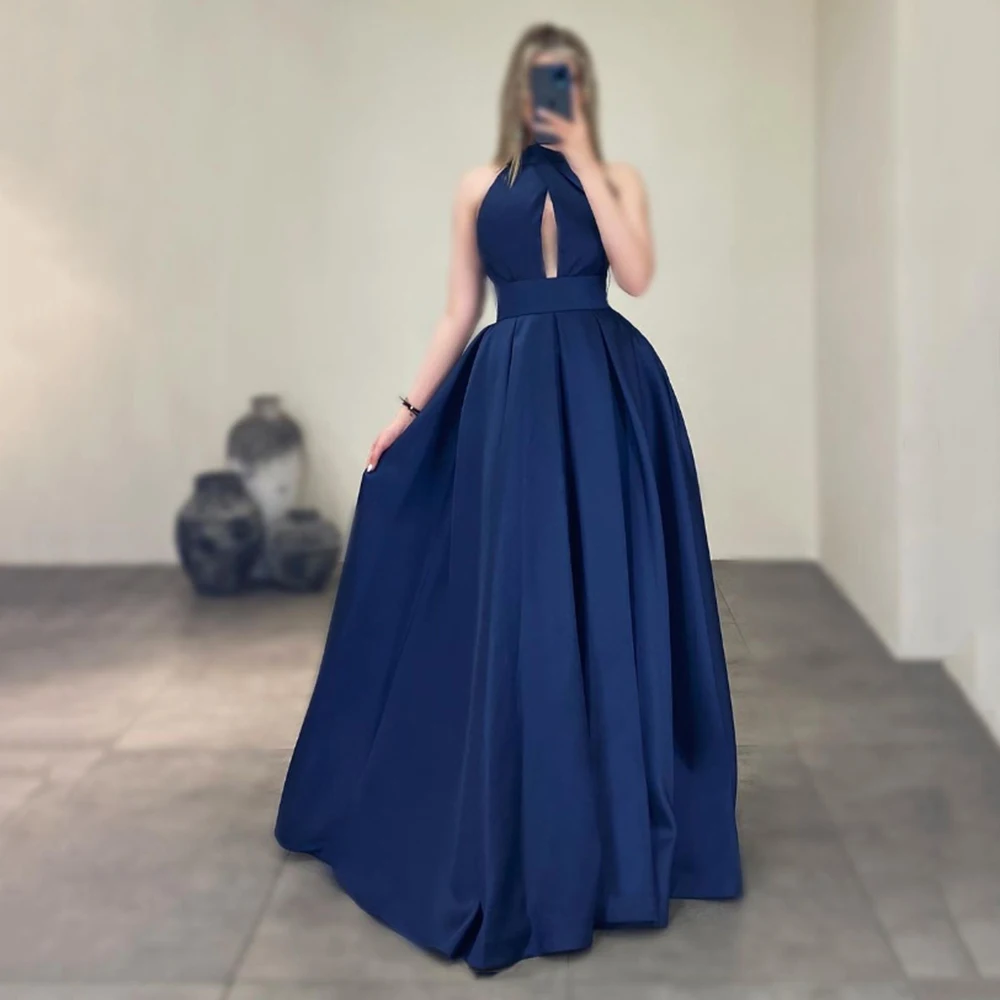 

Customized Yipeisha Fashion Simple Blue Satin Evening Dresses O-neck Draped A-line Sleeveless Floor Length Formal Gala Prom Gown