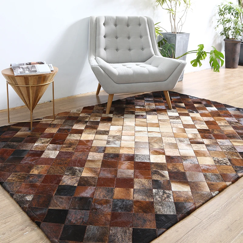 American style luxury natural brown color cowhide patchwork rug  , genuine calfskin fur chequer carpet  for living room