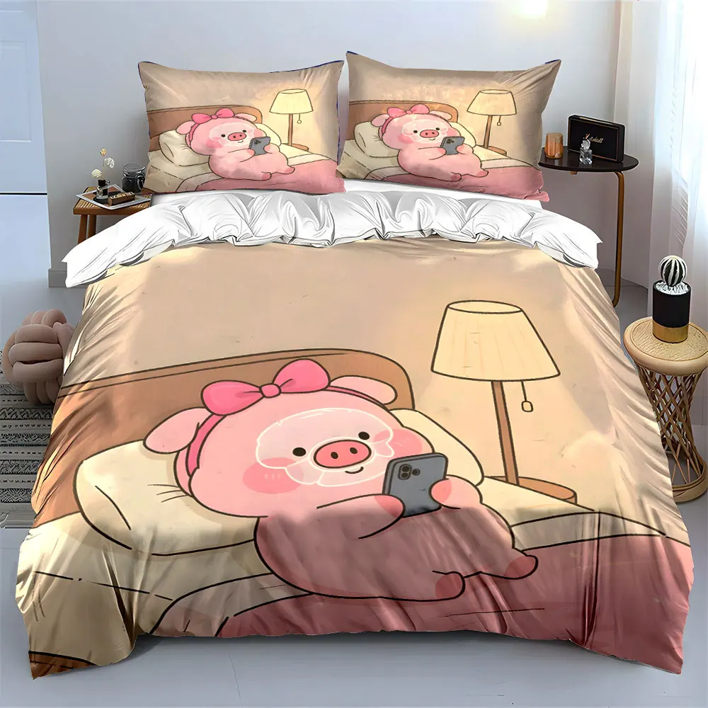 Cute pink pig is looking at its phone in bed Print Bedding Set 1 Duvet Cover 2 Pillowcases for Adult and Children Luxury Gift