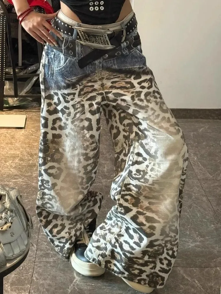 

Женские джинсы с леопардовым принтом в стиле ретро, модные свободные брюки в пол в стиле Харадзюку для мужчин и женщин