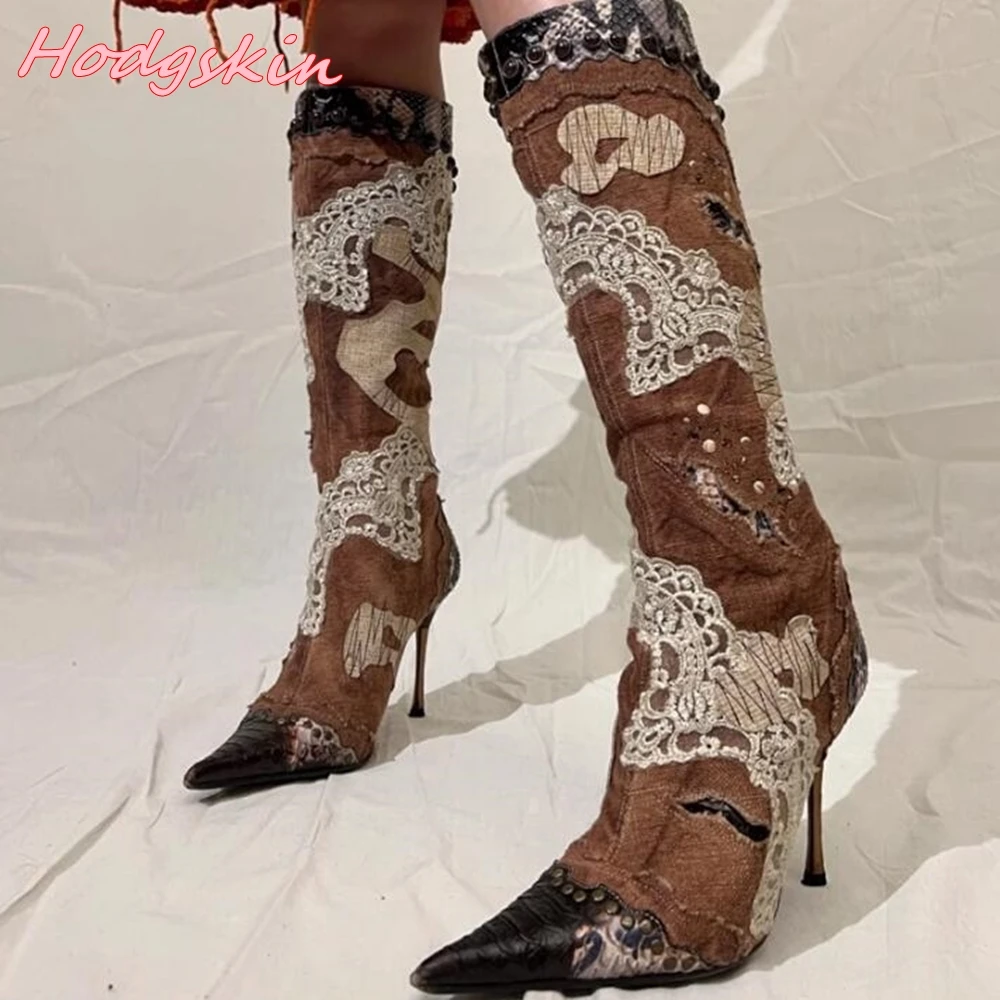 Retro Lace Splicing Women Boots Mixed Colors Pointed Toe Knee High Sexy Boots 2024 Autumn Winter Fashion Design Boots Hot Sale