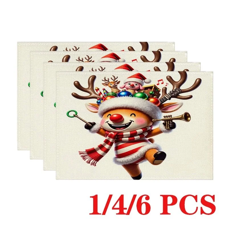 Festive Musical Reindeer Instrument Print Linen Placemats, Xmas Ornament Gift Striped Scarf Pattern Table Mats for Winter