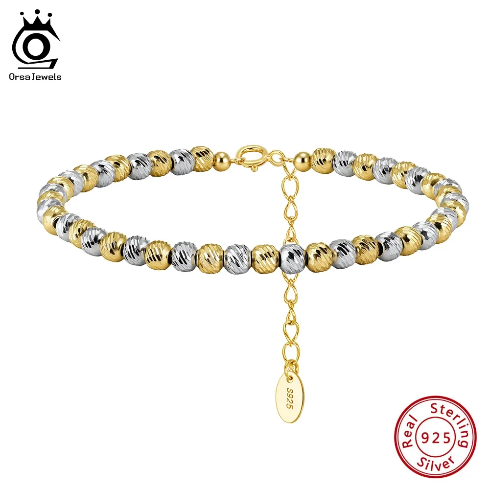 ORSA جواهر حقيقية 925 فضة 4 مللي متر سوار مُزين بالخرز سلسلة للنساء الخرز المستديرة سوار للمجوهرات الديكور اليومي GAB03