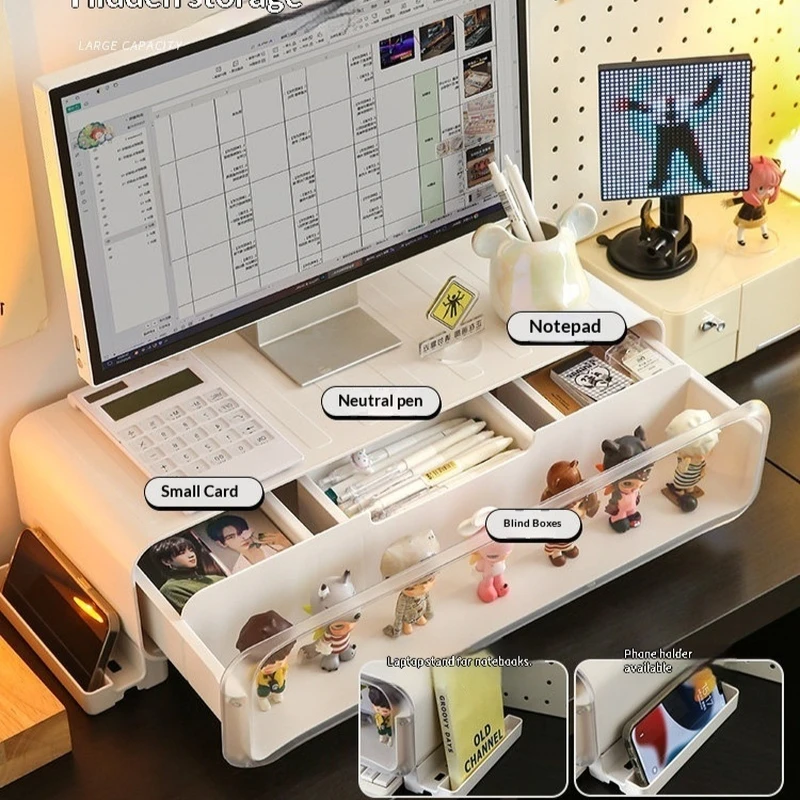 Support d'ordinateur de bureau avec tiroir, étagère de moniteur de bureau, boîte de rangement blanche pour poste de travail