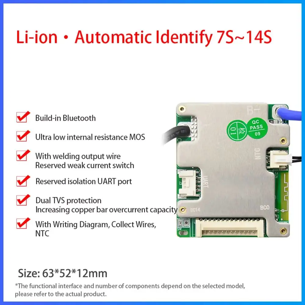 JBD BMS 24 فولت 36 فولت 48 فولت 20A الذروة المستمرة 60A 7s 8s 9s 10s 11s 12s 13s 14s BT APP uart ليثيوم أيون LFP بطارية لوحة التوازن الذكية