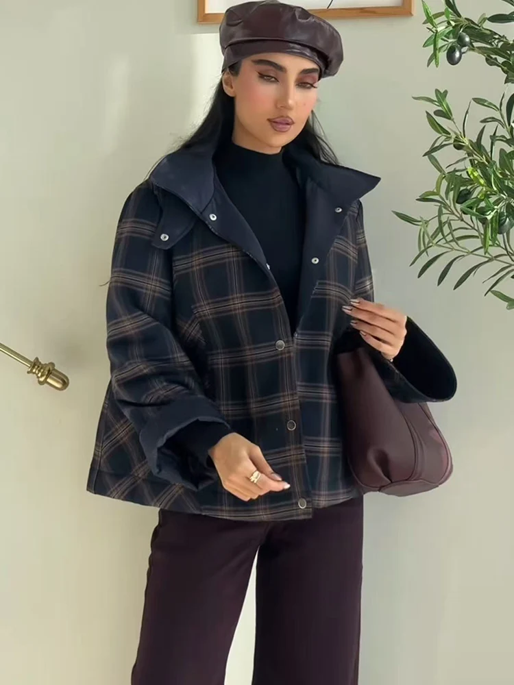 

Women's Plaid Hooded Jacket Coat Casual Long Sleeve Spring Autumn Outerwear Vintage Fashion Lady High Street Casual Outfit