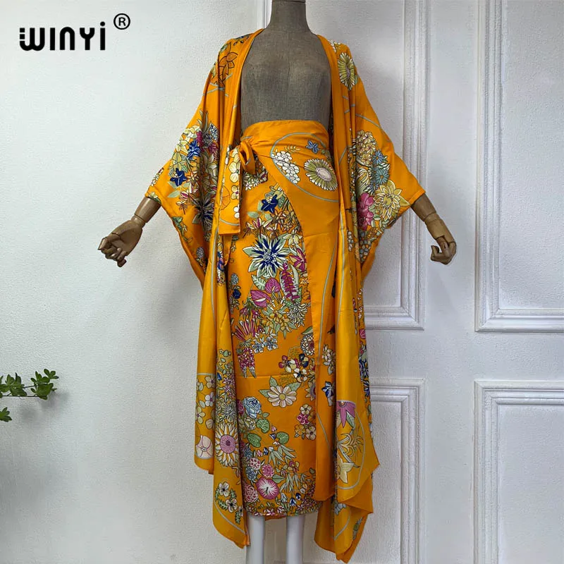 Imagem -02 - Winyi-vestido Maxi Estampado Boêmio para Mulheres Cardigã de Verão Novo Vestido Longo de Praia Quimono Terno de Peças Férias