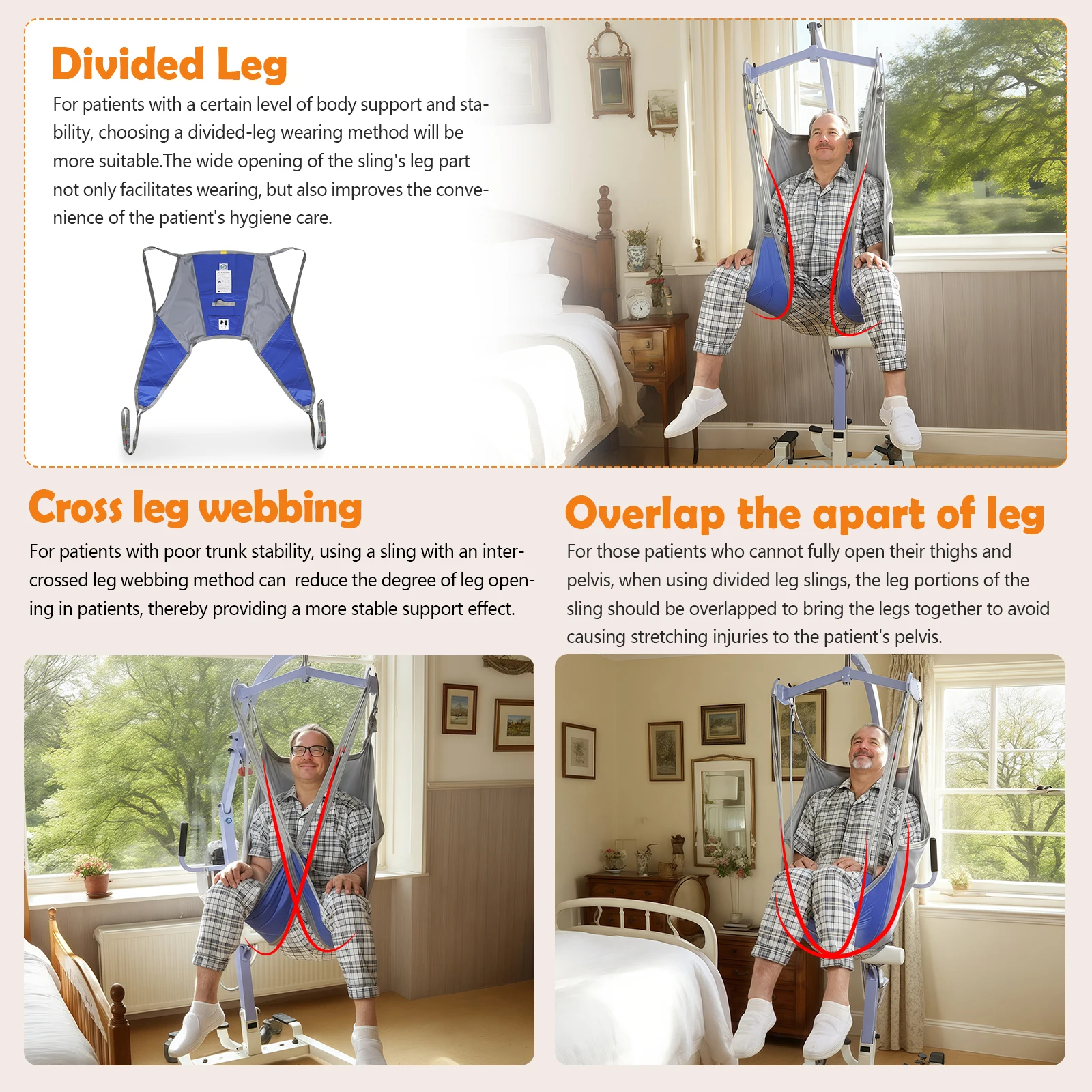 Ehucon Patient Lift Sling Divided Leg Sling with Low Back Transfer Hoist Hoyer Sling for Transfer and Positioning SWL 500lbs