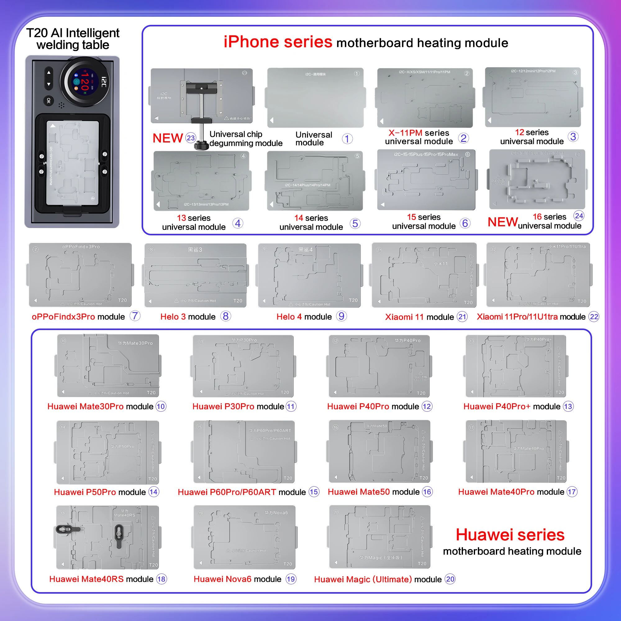 I2C T20 AI do lutowania wstępnego podgrzewania stacja oddzielająca wbudowany wentylator chłodzący inteligentna kontrola temperatury dla iPhone'a X-15 Androida