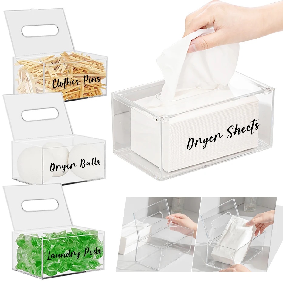 

Clear Laundry Room Organizer with Lids Labels Laundry Pods Dryer Sheets Dryer Balls Clothes Pins Holder Acrylic Laundry Organize