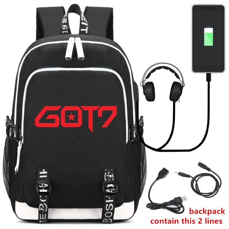 GOT7 Idol Team Backpack Rucksack Bag w/ USB Fashion Port / Lock / Headphone interface Students Book Laptop bag