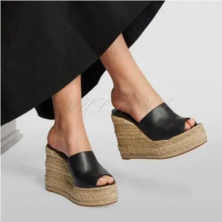 Czarny Brązowy Matowy Miękki Skórzany Peep Toe Platforma Kliny Kapcie Kobiety Okrągły Palec Slip On 125 mm Wysoki obcas Plaża Klapki